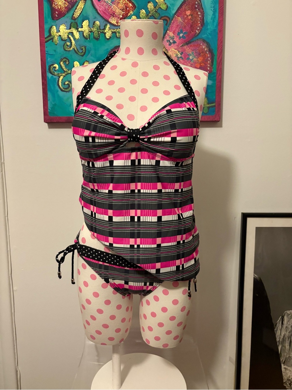 Candie's Pink and Black Striped Swim Top with Polka Dot Trim